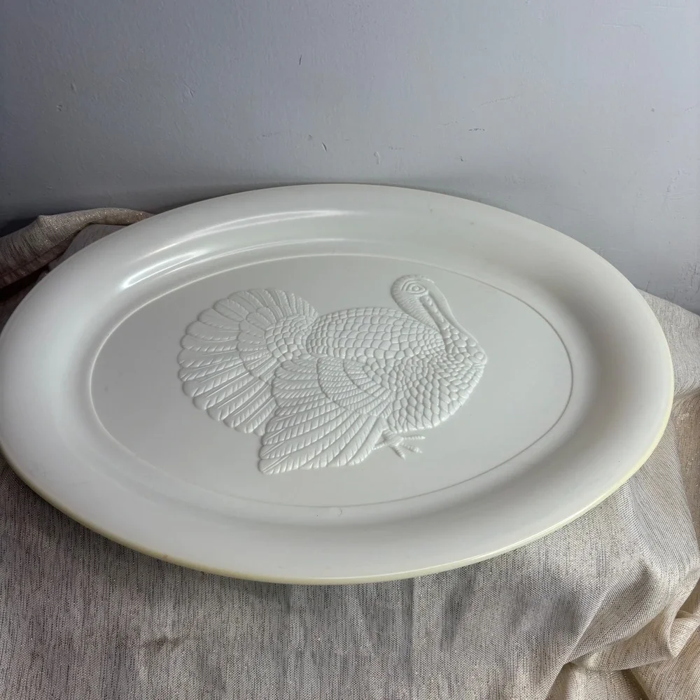Vintage White Turkey Embossed Oval Serving Platter Thanksgiving Holiday